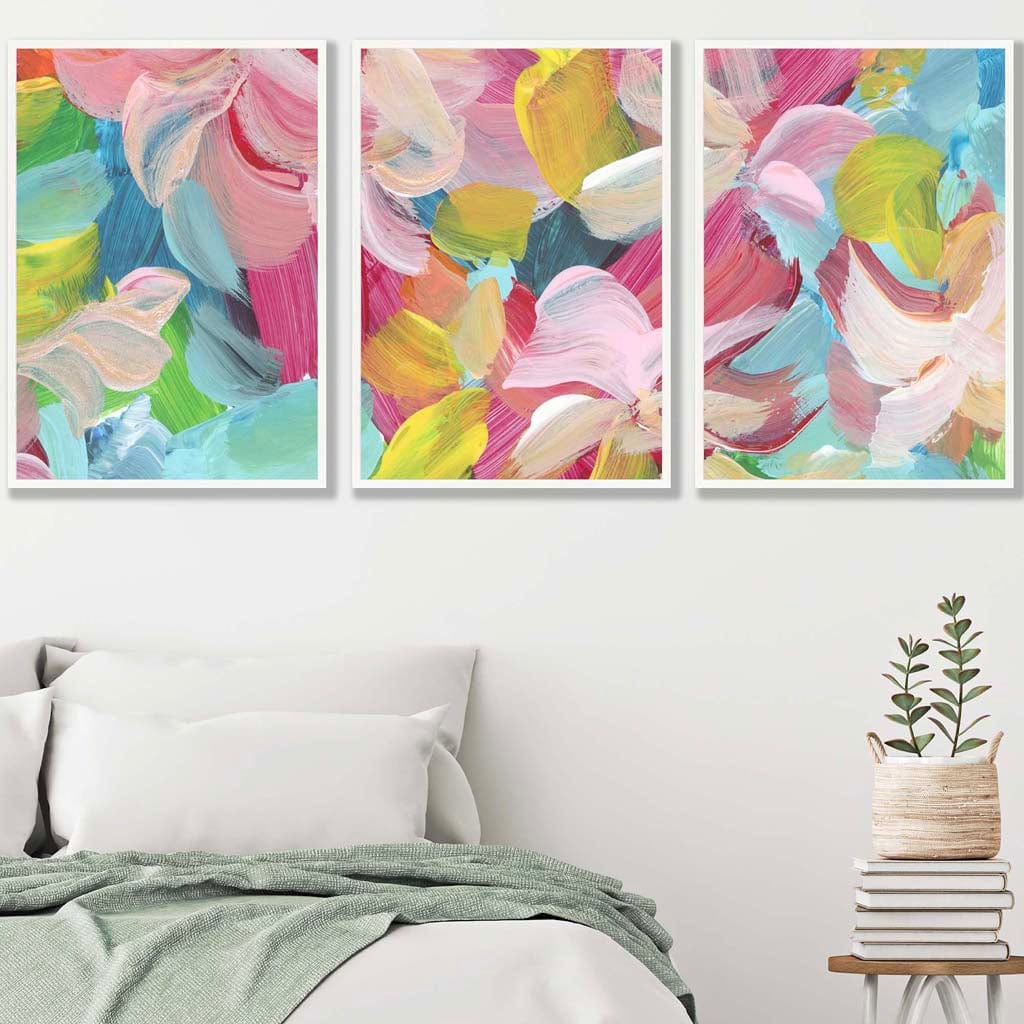 Set of 3 Abstract Wild Garden Flowers in Pink and Blue Wall Art Prints
