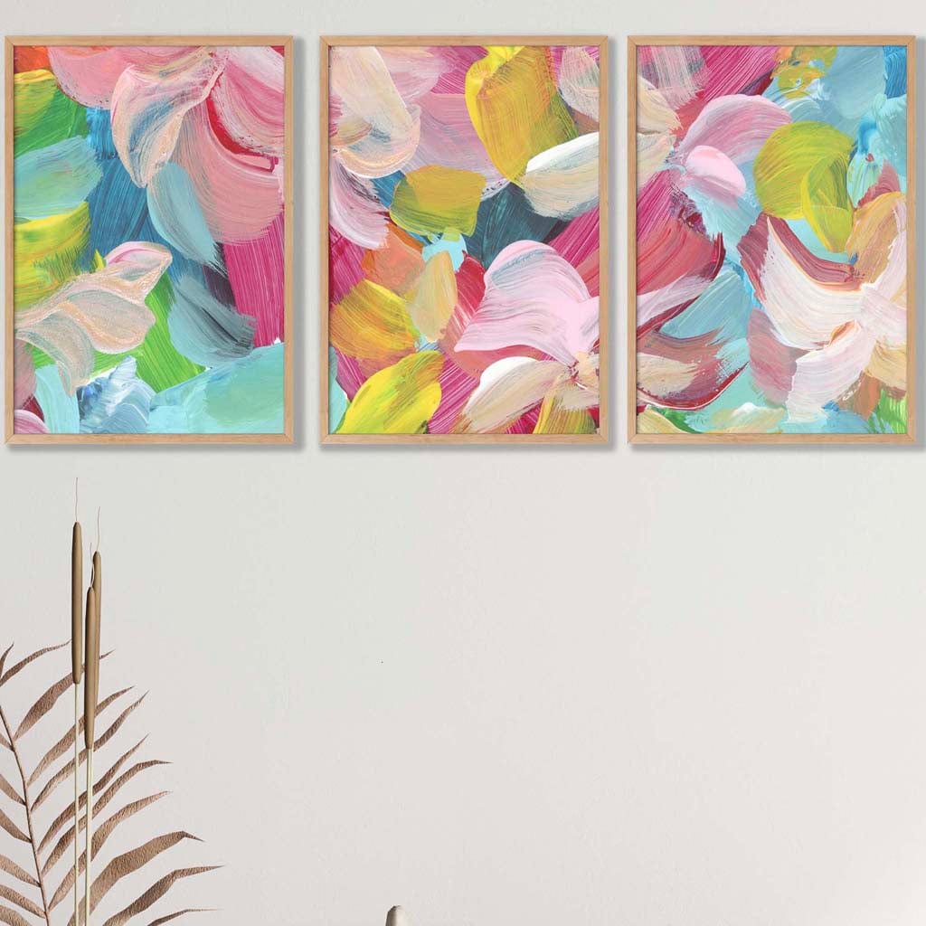 Set of 3 Abstract Wild Garden Flowers in Pink and Blue Wall Art Prints