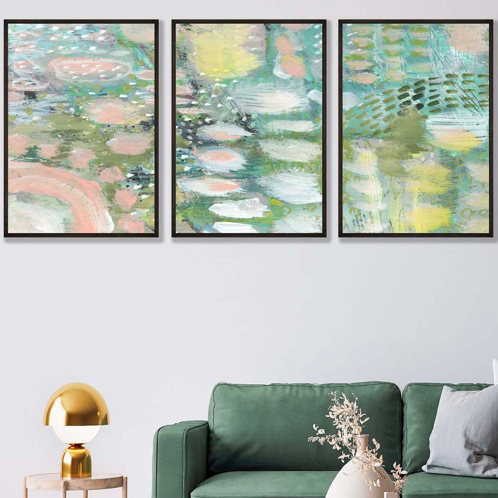 Set of 3 Abstract lily Pond in Green and Pink Wall Art Prints