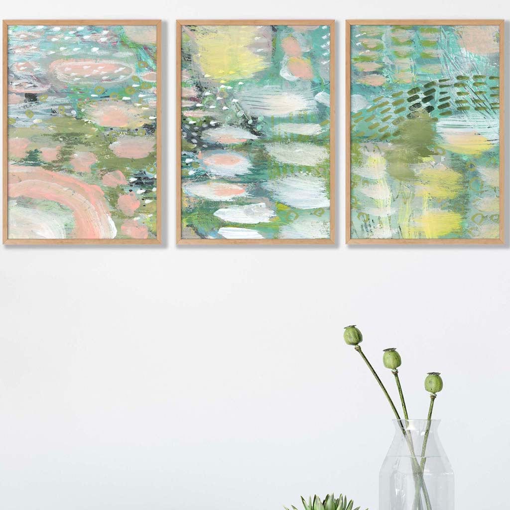 Set of 3 Abstract lily Pond in Green and Pink Wall Art Prints