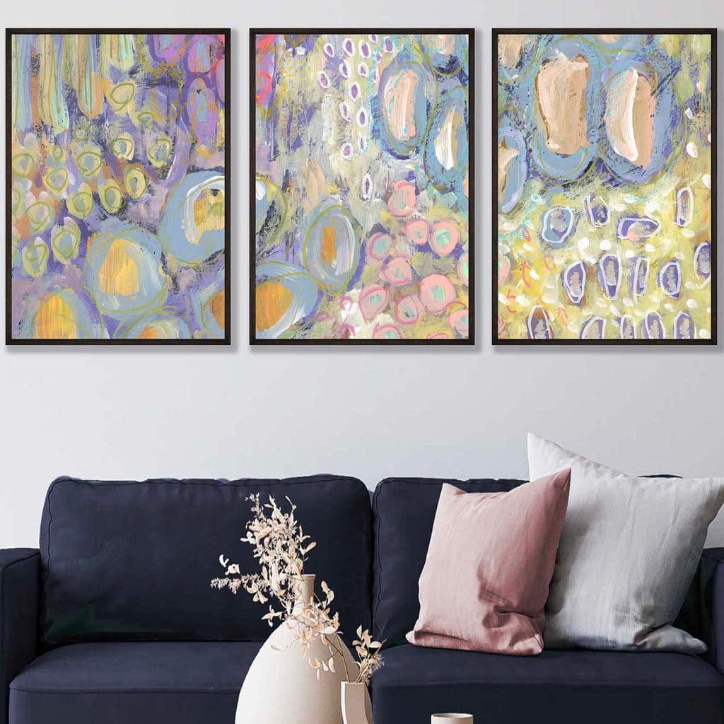 Set of 3 Abstract Floral in Purple and Yellow Wall Art Prints