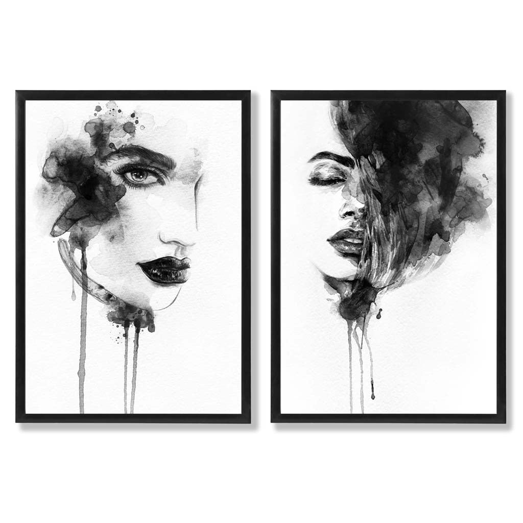 Black and White Fashion Illustrations Set of 2 Art Prints with Black Frame
