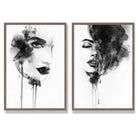 Black and White Fashion Illustrations Set of 2 Art Prints with Walnut Frame