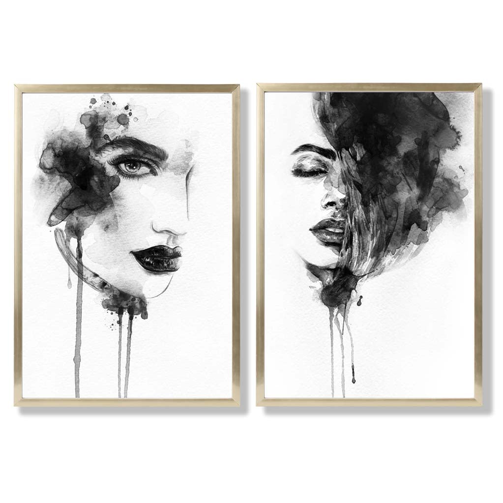 Black and White Fashion Illustrations Set of 2 Art Prints with Gold Frame