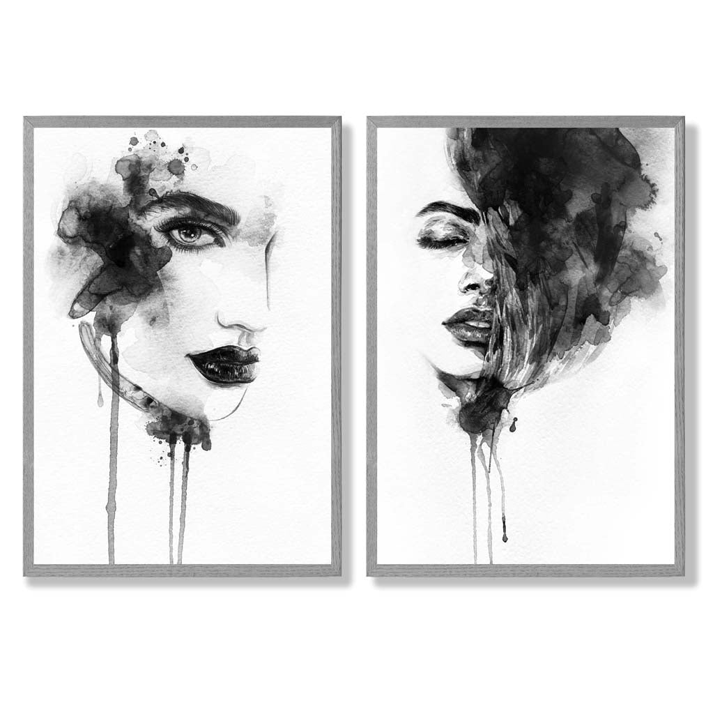Black and White Fashion Illustrations Set of 2 Art Prints with Light Grey Frame