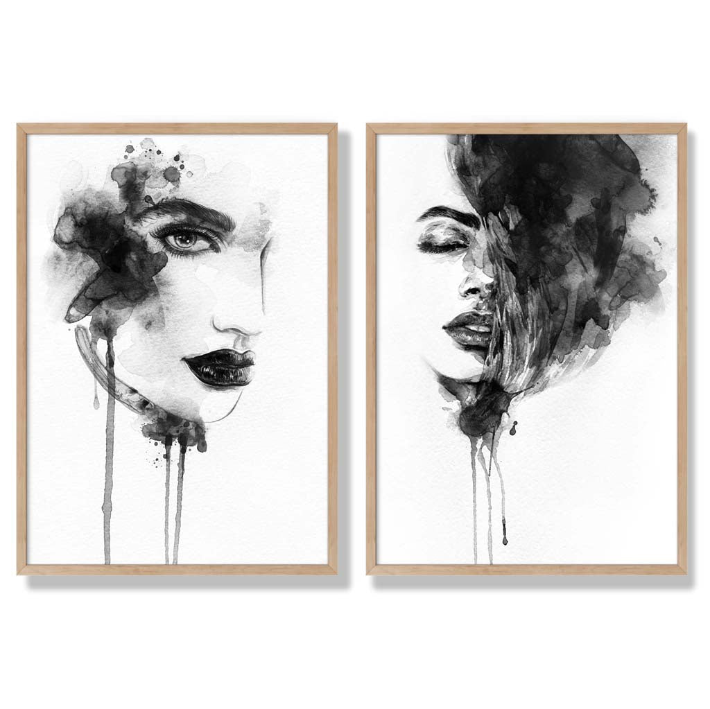 Black and White Fashion Illustrations Set of 2 Art Prints with Oak Frame