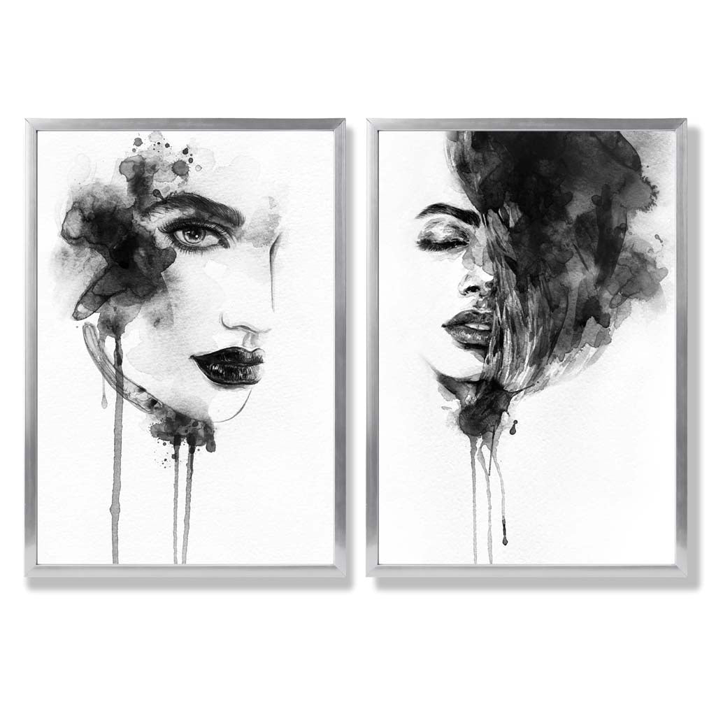 Black and White Fashion Illustrations Set of 2 Art Prints with Silver Frame