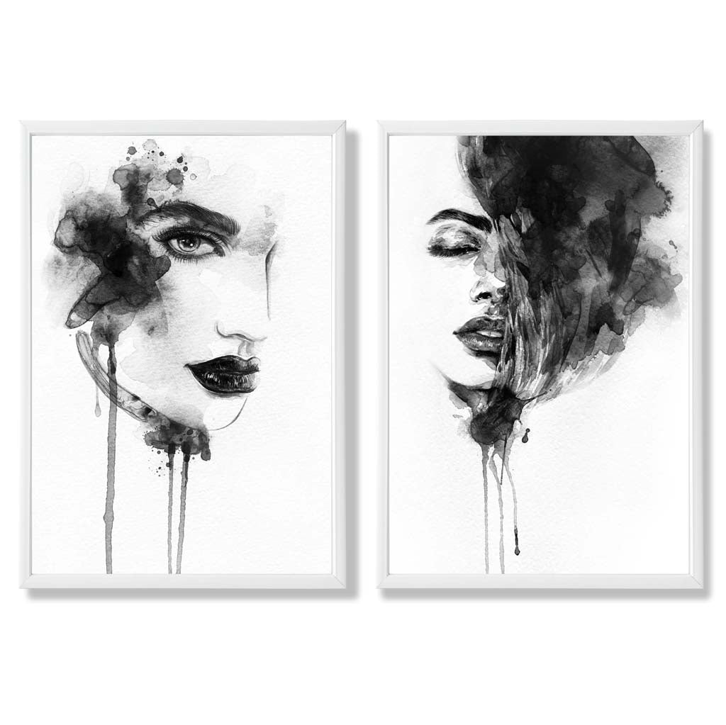 Black and White Fashion Illustrations Set of 2 Art Prints with White Frame
