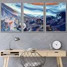 Set of 3 Abstract Blue and Orange Ocean Wall Art Prints