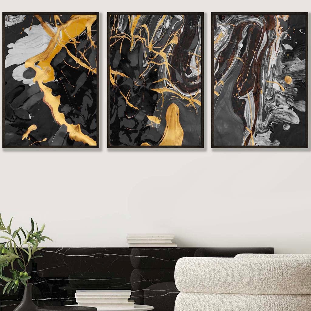 Set of 3 Abstract Black and Yellow Fluid Splatters Wall Art Prints