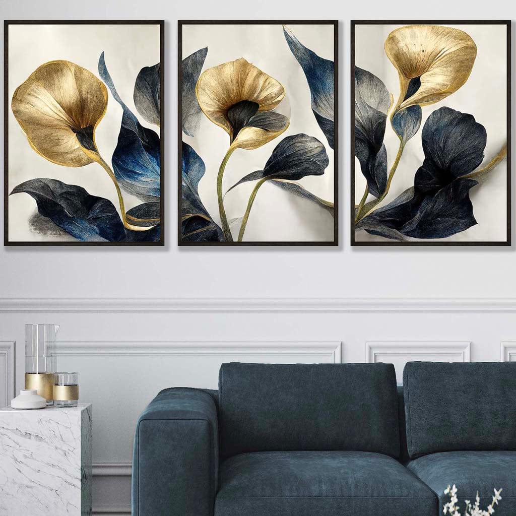 Set of 3 Oriental Abstract Lilies in Navy and Gold Wall Art Prints