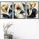 Set of 3 Oriental Abstract Lilies in Navy and Gold Wall Art Prints