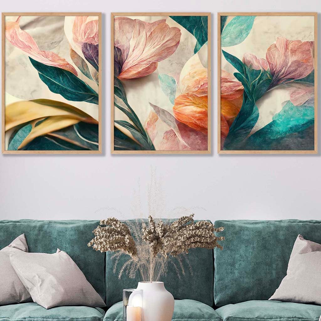 Set of 3 Oriental Abstract Petals in Teal and Pink Wall Art Prints