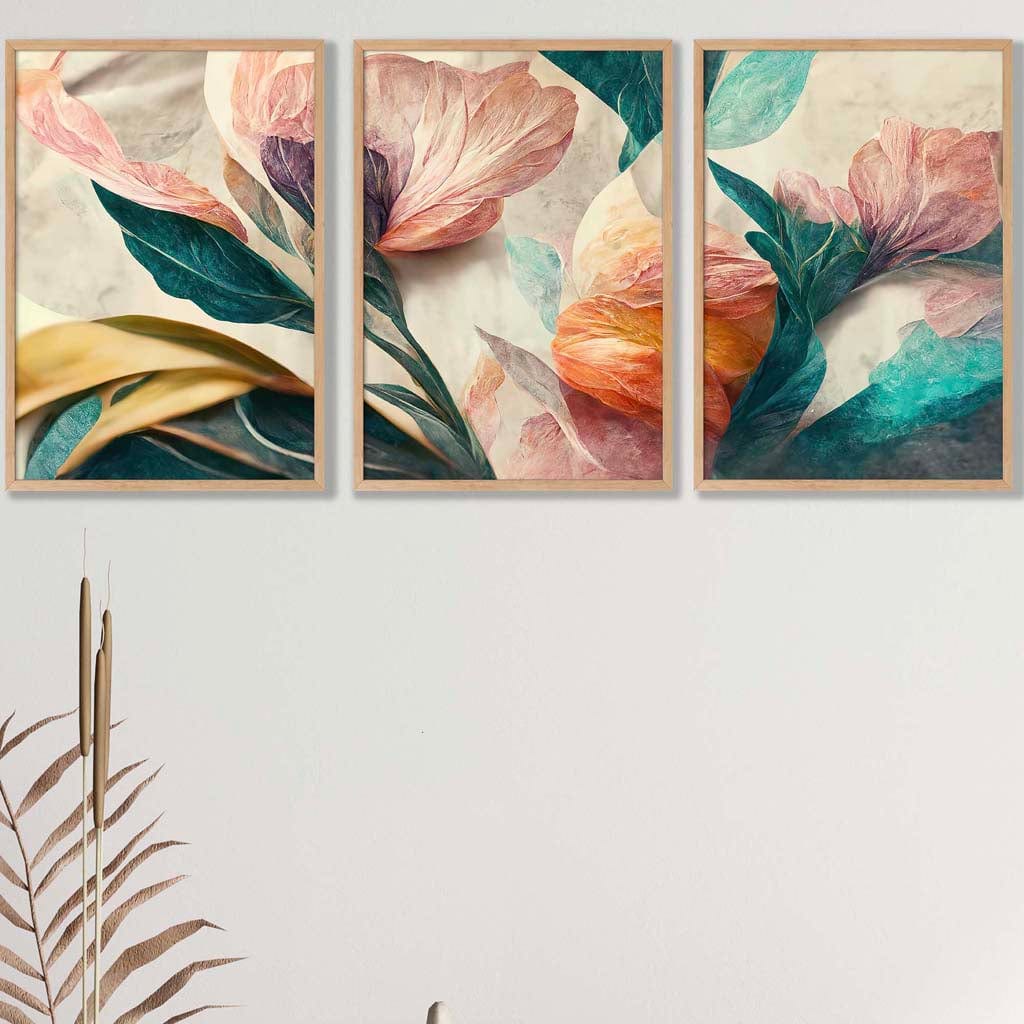 Set of 3 Oriental Abstract Petals in Teal and Pink Wall Art Prints
