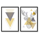 Geometric Yellow and Grey Stag Head Set of 2 Art Prints with Black Frame
