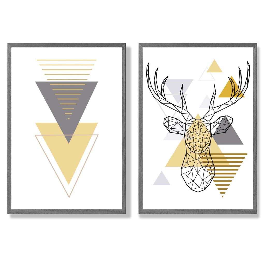 Geometric Yellow and Grey Stag Head Set of 2 Art Prints with Dark Grey Frame
