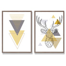 Geometric Yellow and Grey Stag Head Set of 2 Art Prints with Walnut Frame