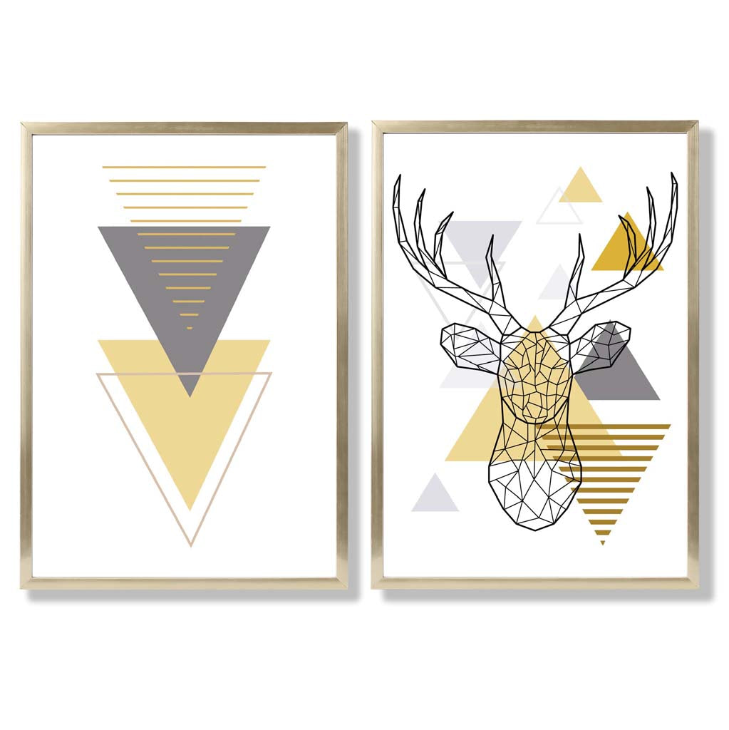 Geometric Yellow and Grey Stag Head Set of 2 Art Prints with Gold Frame