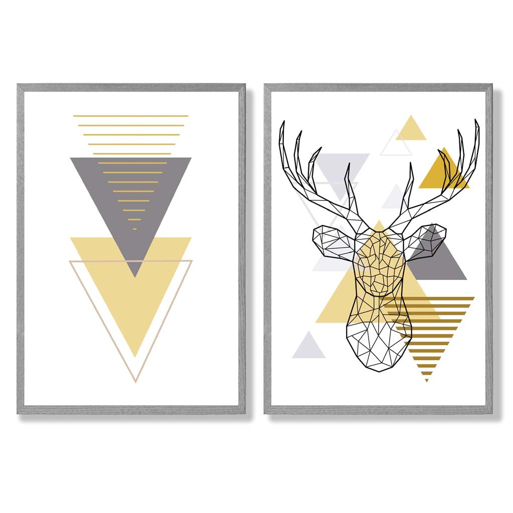 Geometric Yellow and Grey Stag Head Set of 2 Art Prints with Light Grey Frame