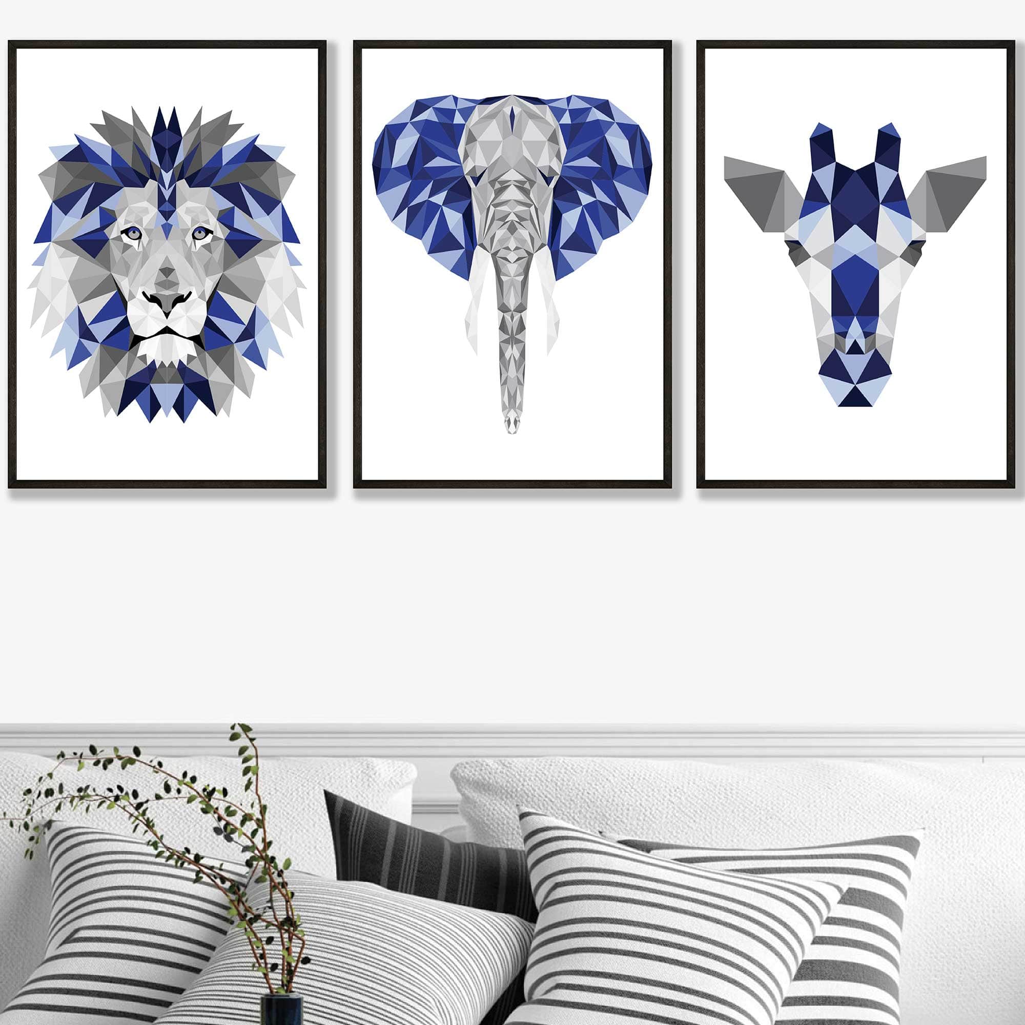 Geometric Set of 3 Blue & Grey Art Prints Giraffe Lion Elephant