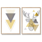 Geometric Yellow and Grey Stag Head Set of 2 Art Prints with Oak Frame