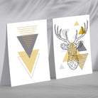 Geometric Yellow and Grey Stag Head Set of 2 Art Prints