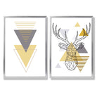 Geometric Yellow and Grey Stag Head Set of 2 Art Prints with Silver Frame