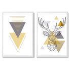 Geometric Yellow and Grey Stag Head Set of 2 Art Prints with White Frame