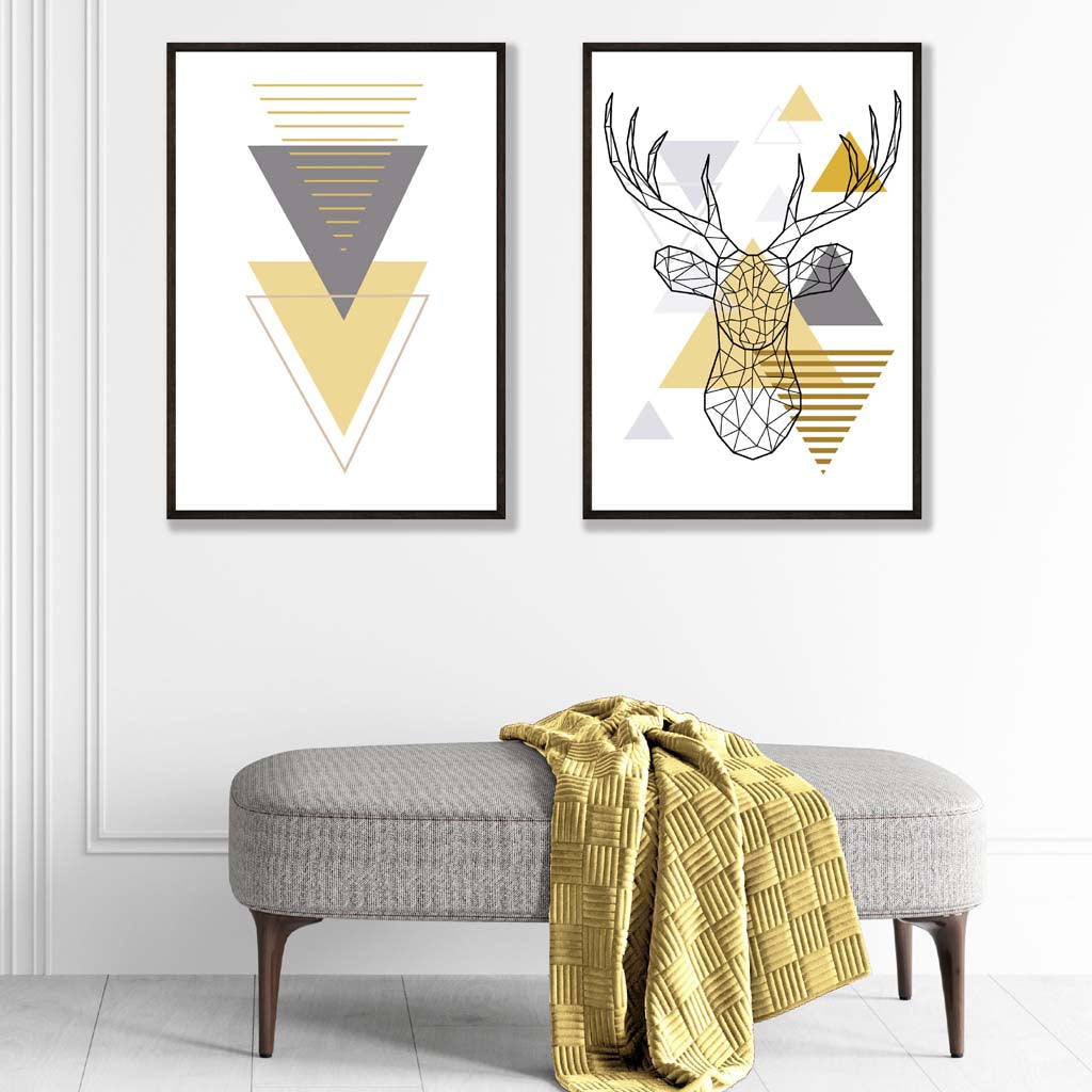 Geometric Yellow Ochre and Grey Stag Head Prints | Artze Wall Art UK