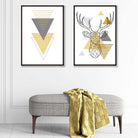 Geometric Yellow and Grey Stag Head Posters | Artze Wall Art UK
