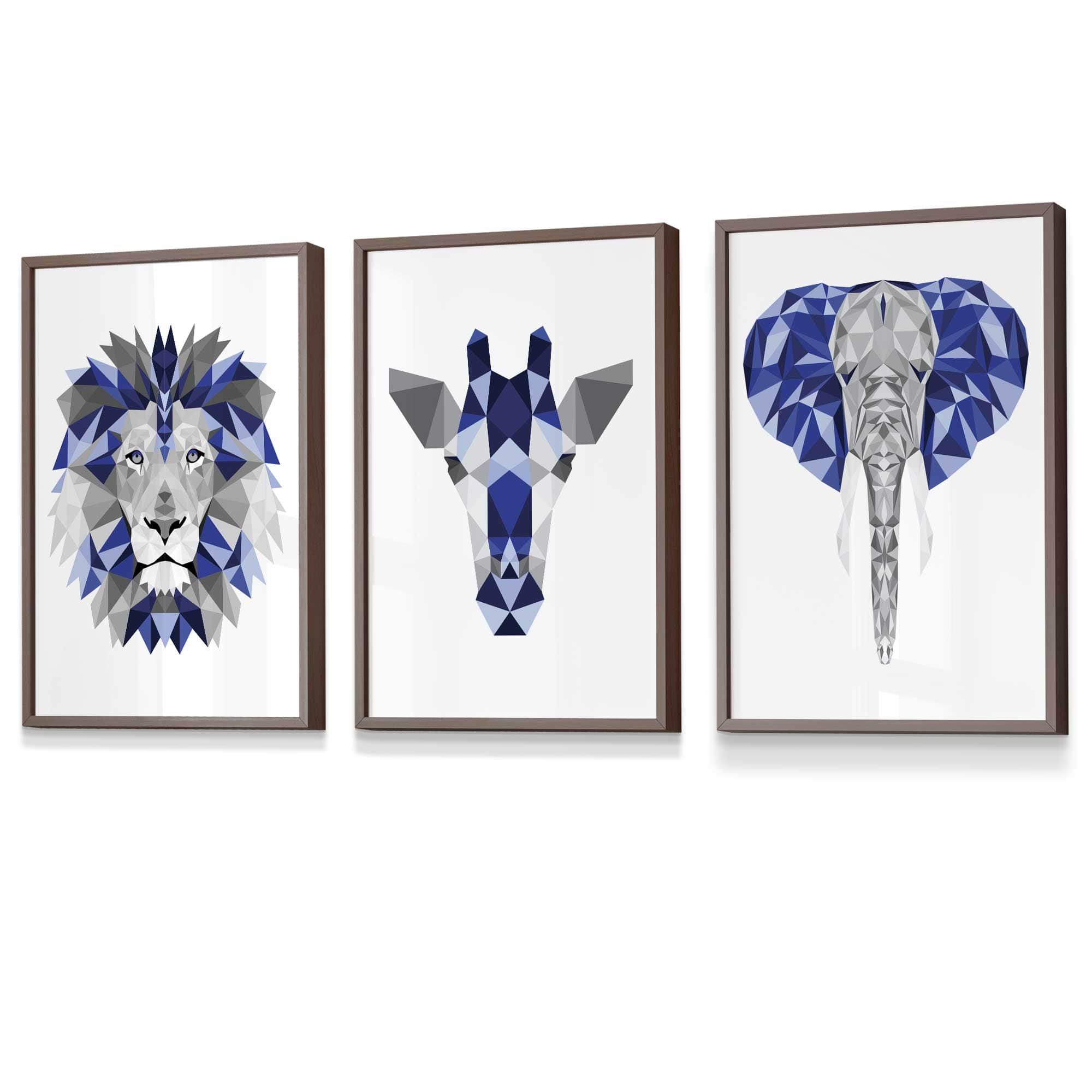 Set of 3 Blue & Grey Framed Art Prints Jungle Giraffe Lion Elephant | Artze Wall Art UK