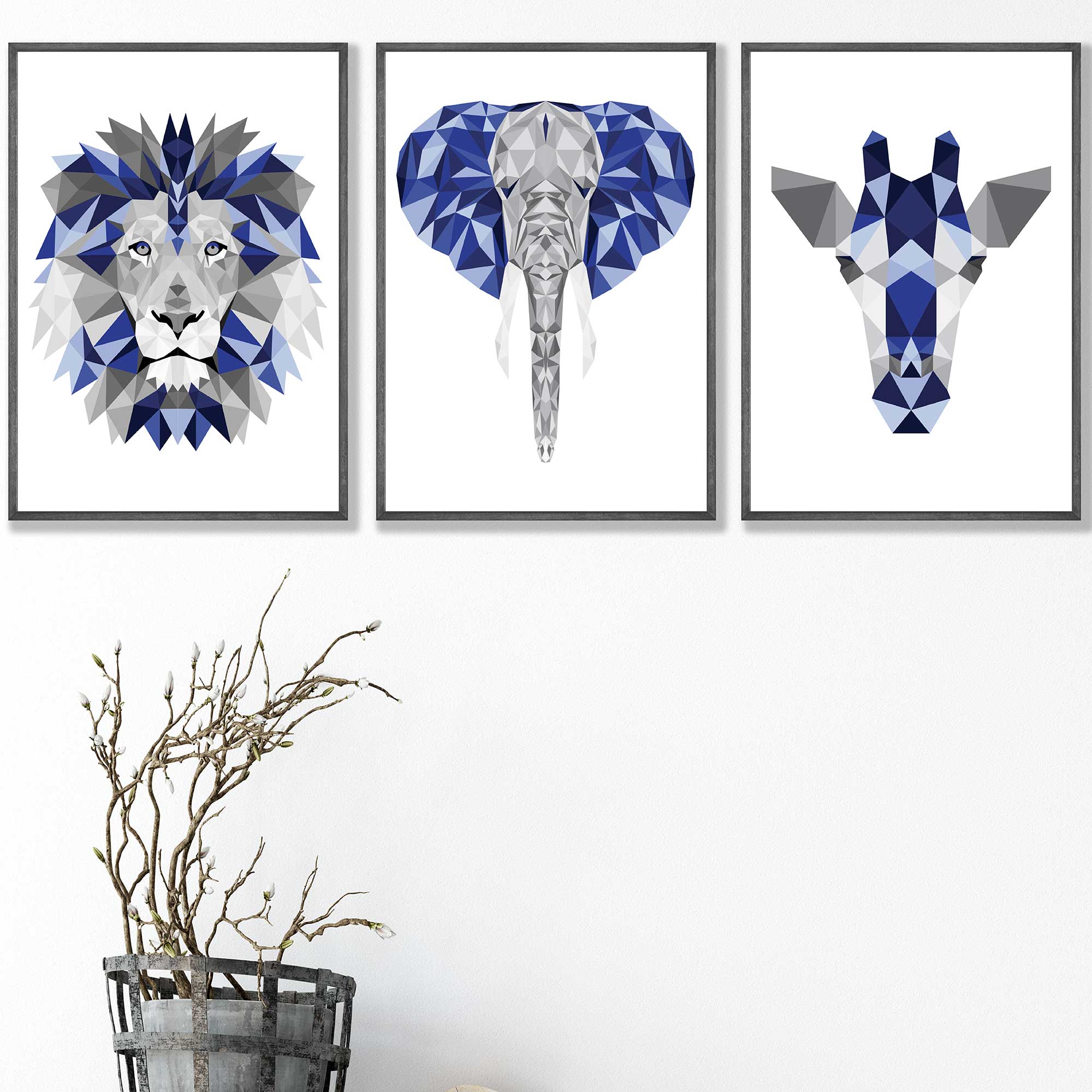 Geometric Set of 3 Blue & Grey Art Prints Giraffe Lion Elephant