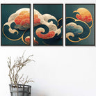 Set of 3 Oriental Abstract Clouds in Teal and Orange Wall Art Prints