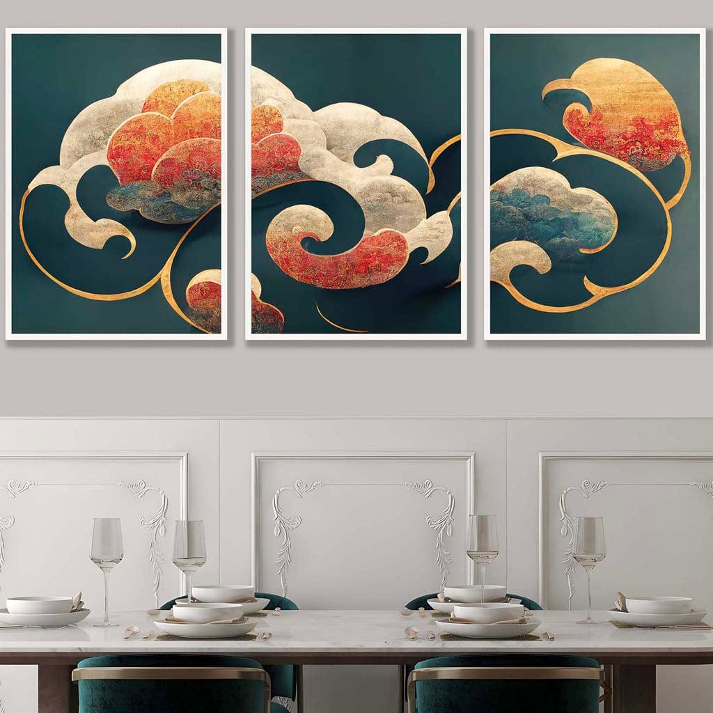Set of 3 Oriental Abstract Clouds in Teal and Orange Wall Art Prints