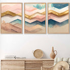 Set of 3 Herringbone Abstract in Pastel Pink Teal and Gold Wall Art Prints