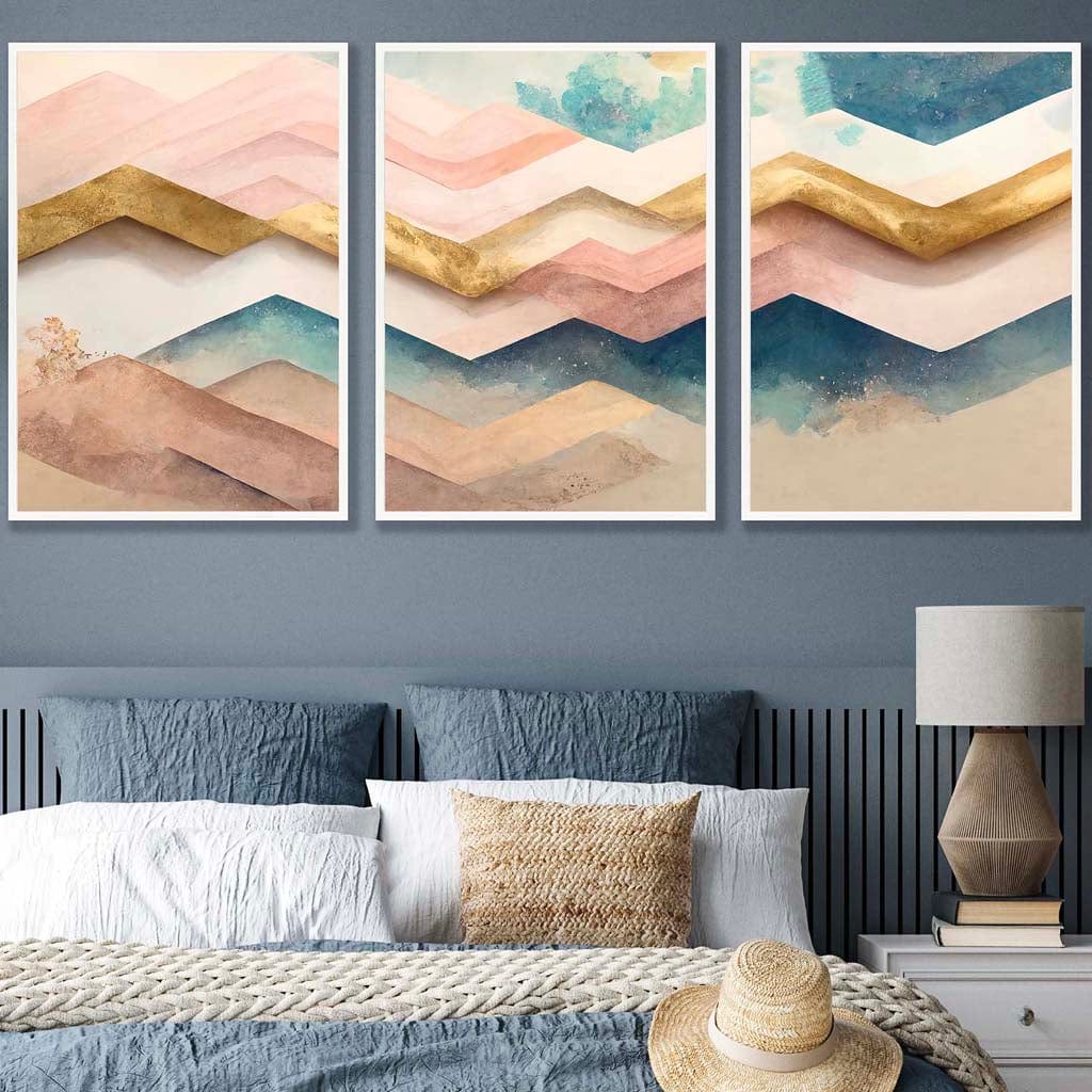 Set of 3 Herringbone Abstract in Pastel Pink Teal and Gold Wall Art Prints