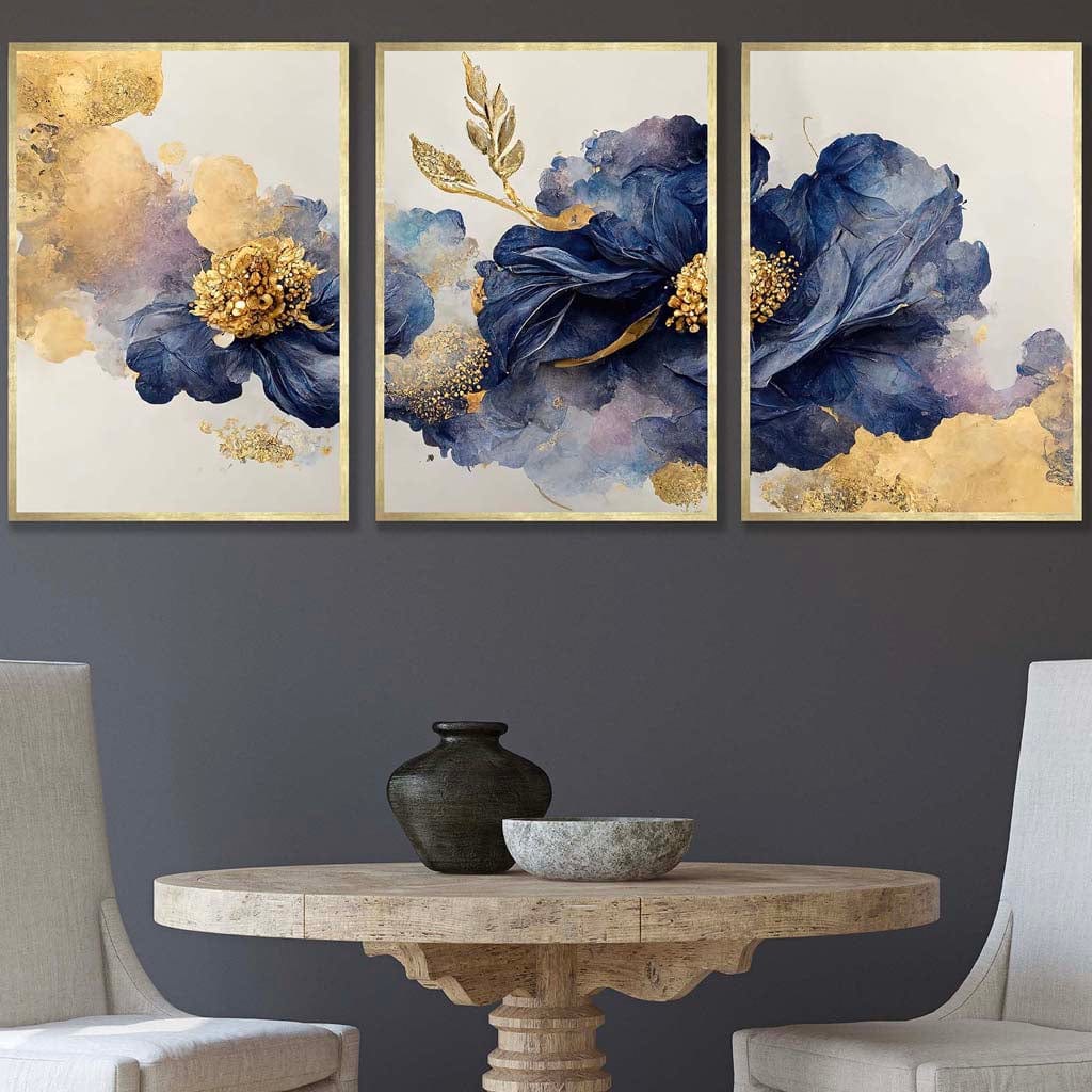 Set of 3 Oriental Abstract Flowers in Purple and Gold Wall Art Prints