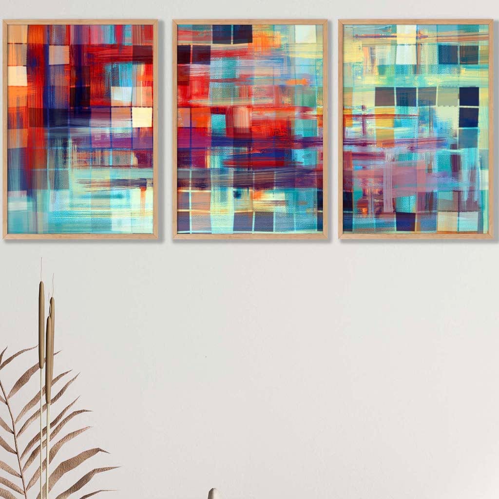Set of 3 Geometric Abstract Colourful Squares Wall Art Prints