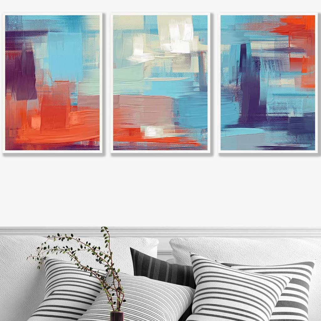 Set of 3 Geometric Abstract Sunset Plaza In Purple,Blue and Orange Wall Art Prints
