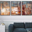 Set of 3 Geometric Abstract Urban Landscape In Blue Orange White Wall Art Prints