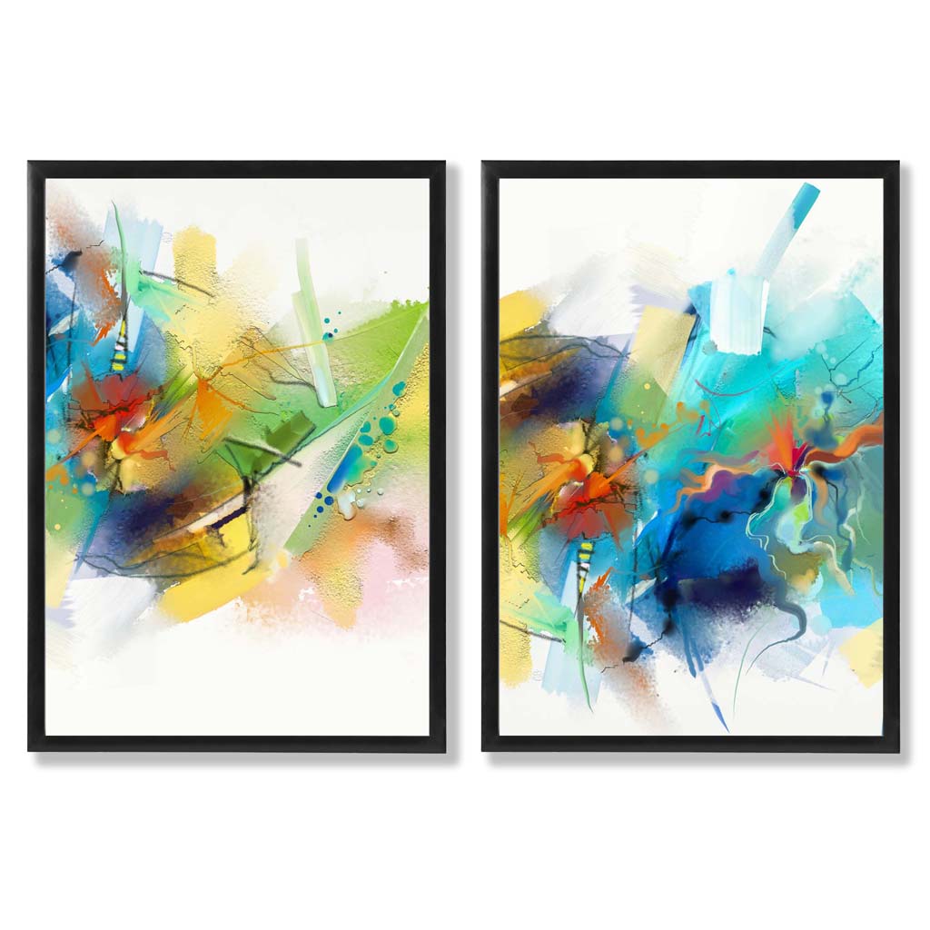 Abstract Fractal Blue Green Set of 2 Art Prints with Black Frame