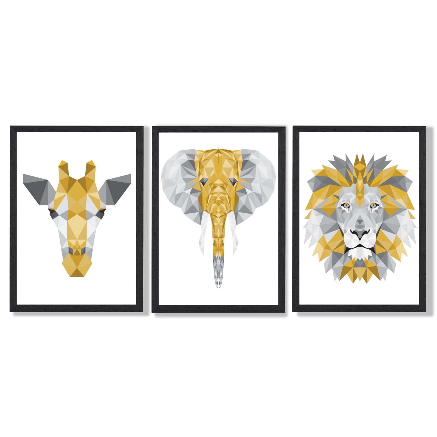 Set of 3 Yellow & Grey Jungle Giraffe Lion Elephant Framed Art Prints with Black Wooden Frames