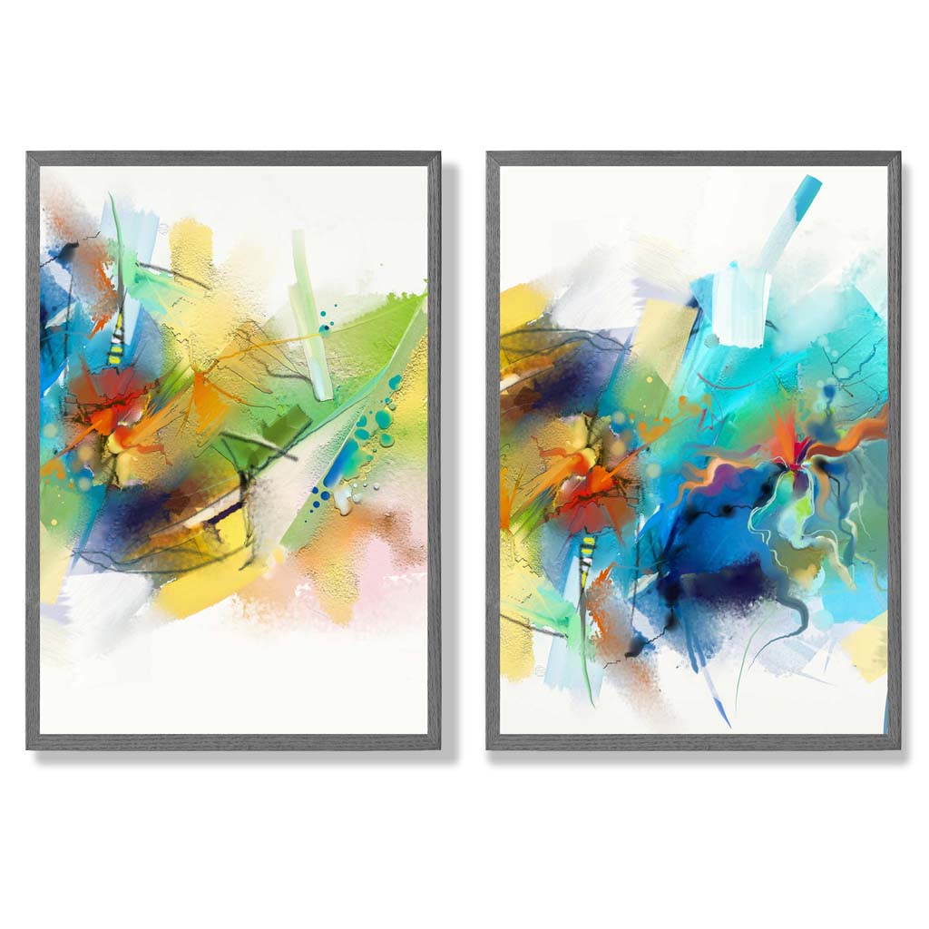 Abstract Fractal Blue Green Set of 2 Art Prints with Dark Grey Frame