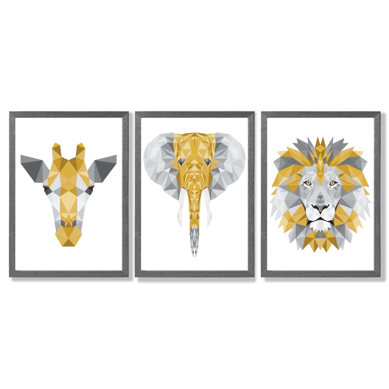 Set of 3 Yellow & Grey Jungle Giraffe Lion Elephant Framed Art Prints with Dark Grey Wooden Frames