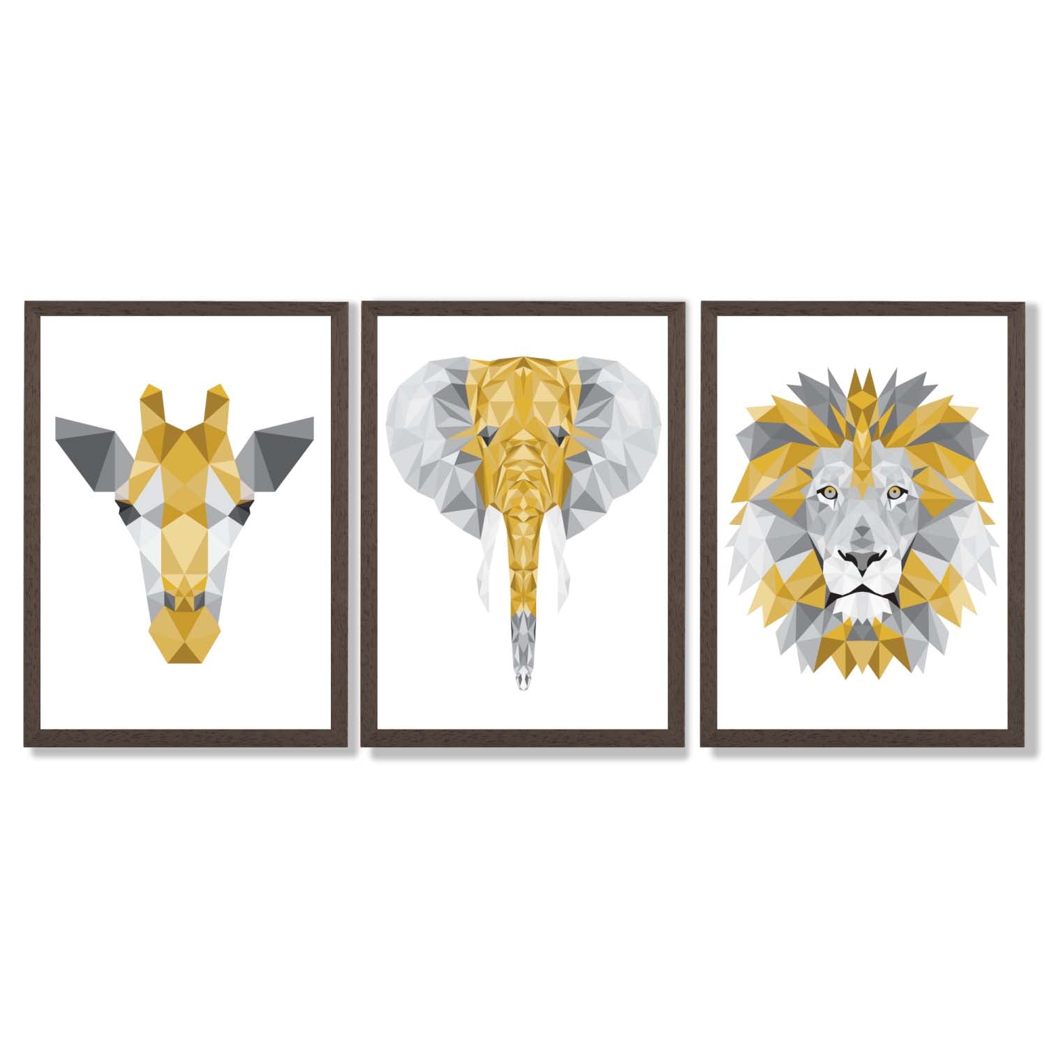 Set of 3 Yellow & Grey Jungle Giraffe Lion Elephant Framed Art Prints with Dark Wood Frames