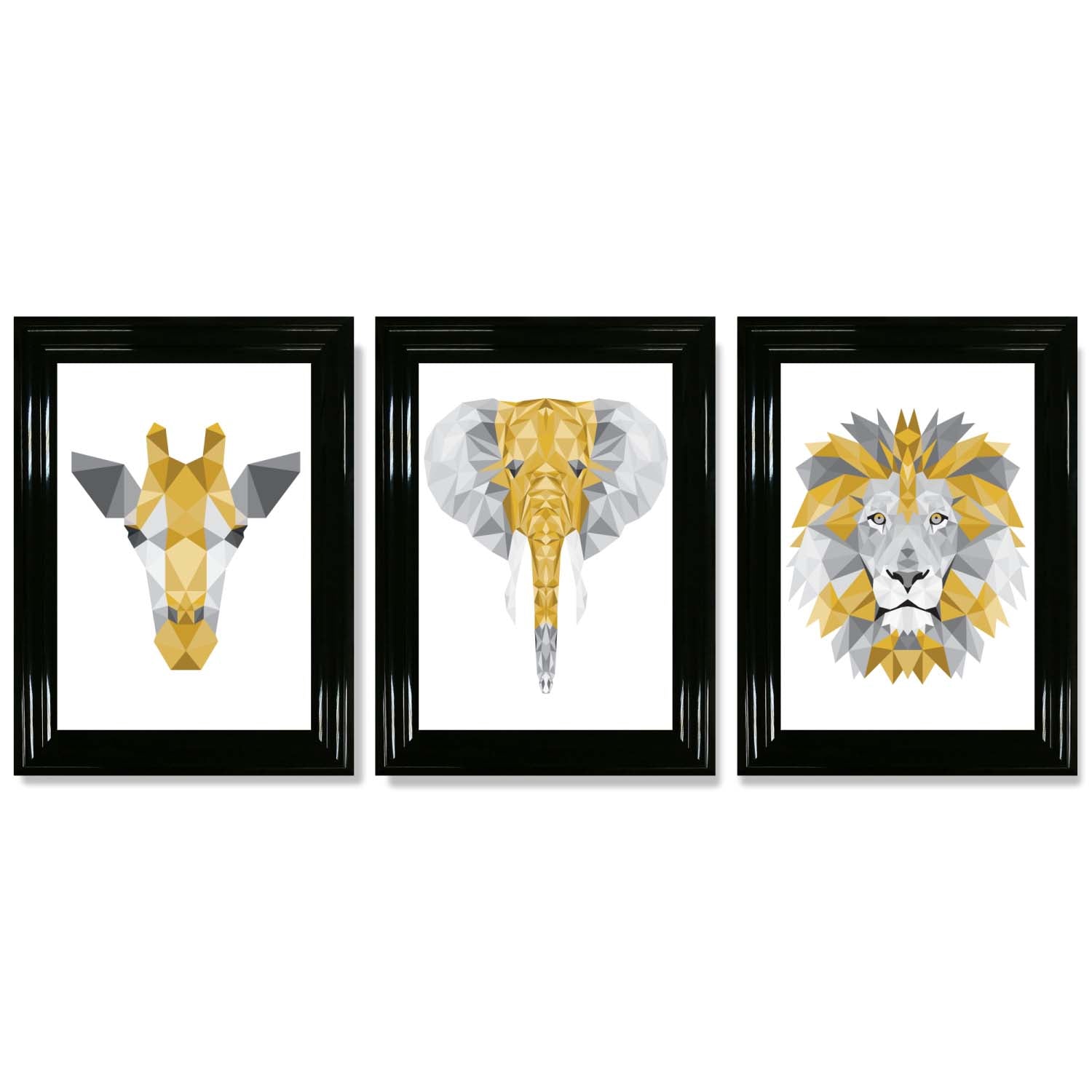 Set of 3 Yellow & Grey Jungle Giraffe Lion Elephant Framed Art Prints with Glossy Black Frames