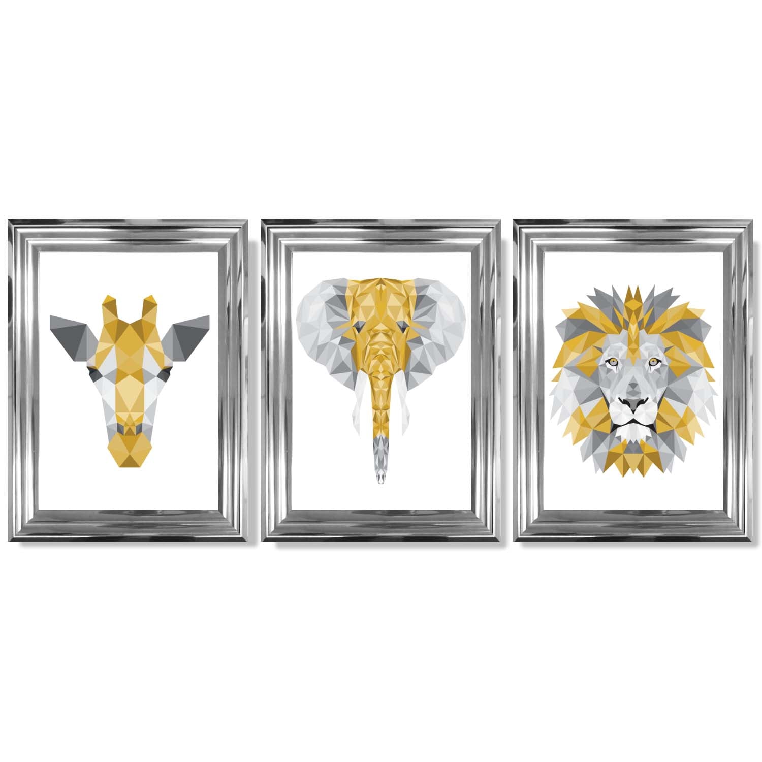 Set of 3 Yellow & Grey Jungle Giraffe Lion Elephant Framed Art Prints with Glossy Chrome Frames