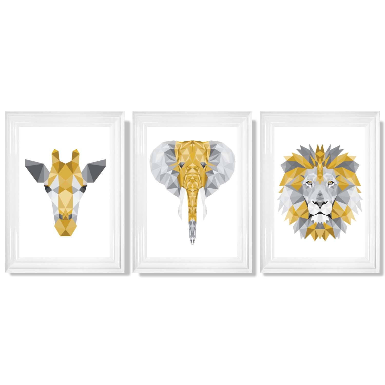 Set of 3 Yellow & Grey Jungle Giraffe Lion Elephant Framed Art Prints with Glossy White Frames