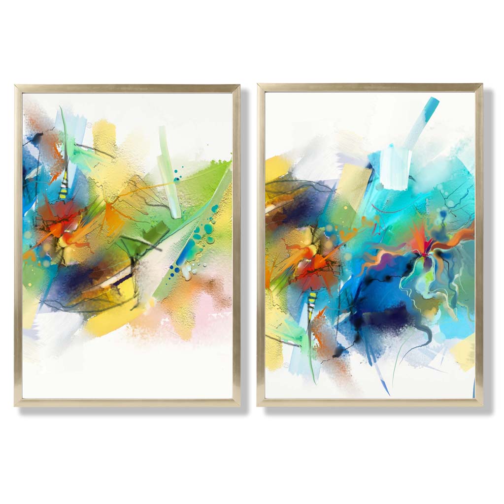 Abstract Fractal Blue Green Set of 2 Art Prints with Gold Frame