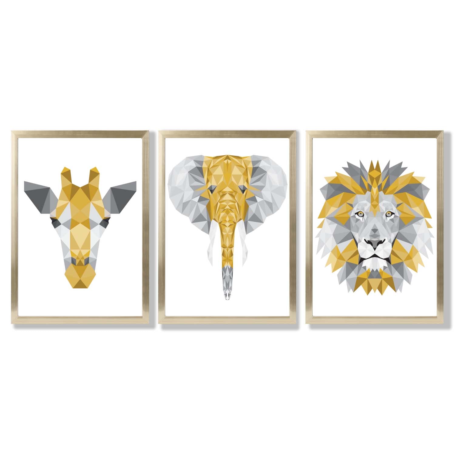 Set of 3 Yellow & Grey Jungle Giraffe Lion Elephant Framed Art Prints with Gold Wood Frames